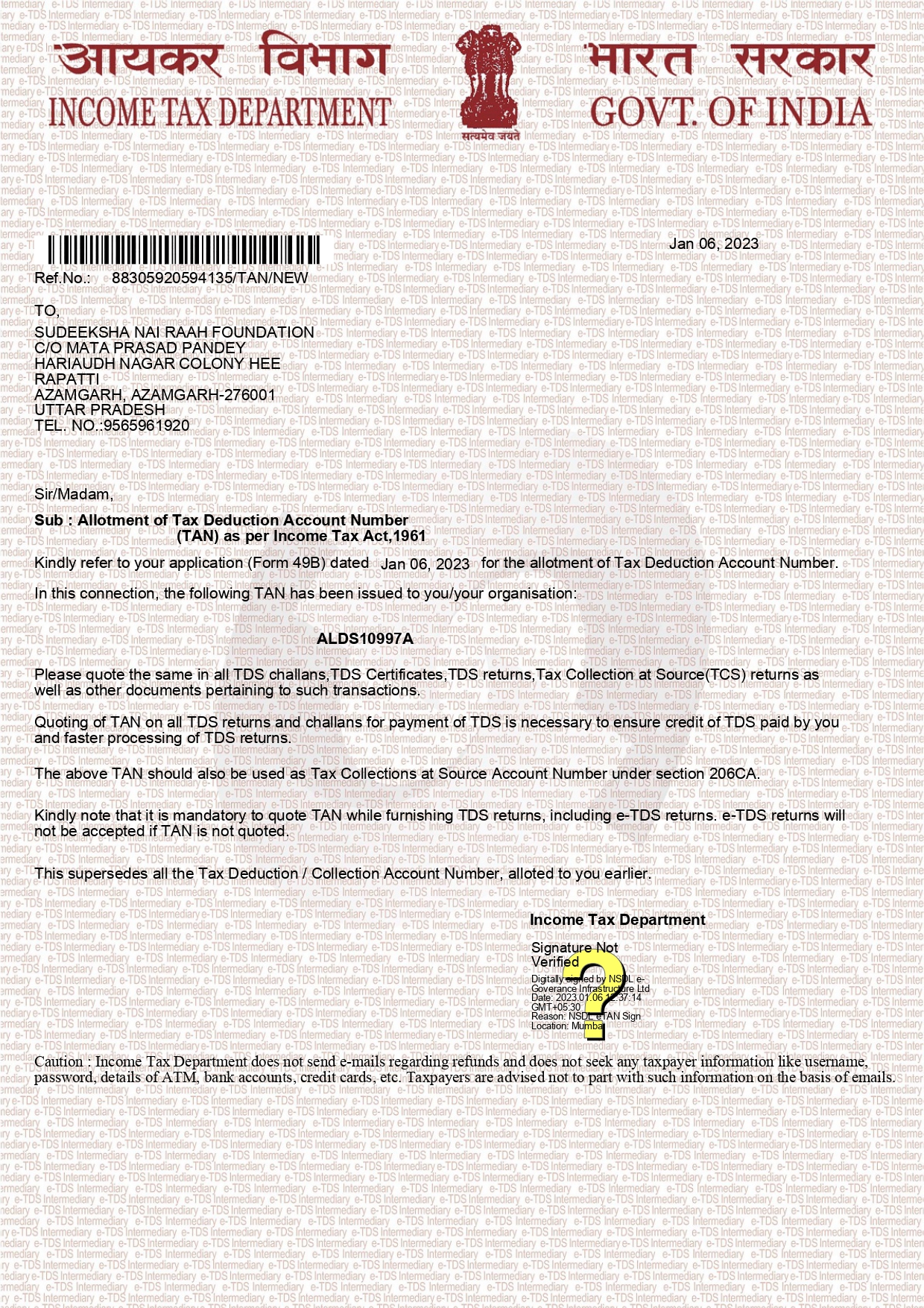 TAN Registration Certificate